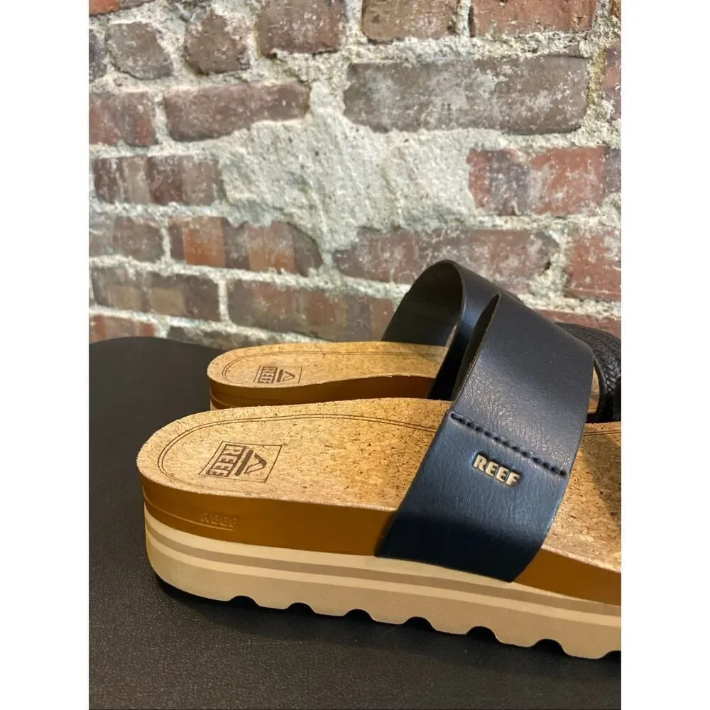 REEF • Black Vegan Leather Braided Double Strap Tan Cork/Foam 2” Sole Slide Sand
